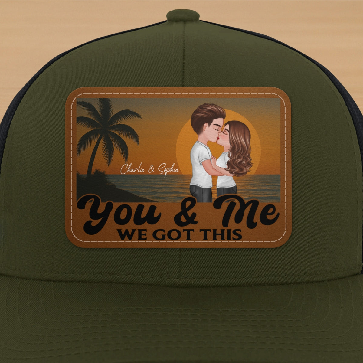 Retro Beach Summer Couple Kissing Personalized Leather Patch Hat