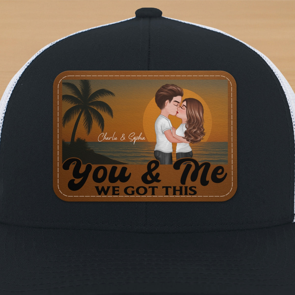Retro Beach Summer Couple Kissing Personalized Leather Patch Hat