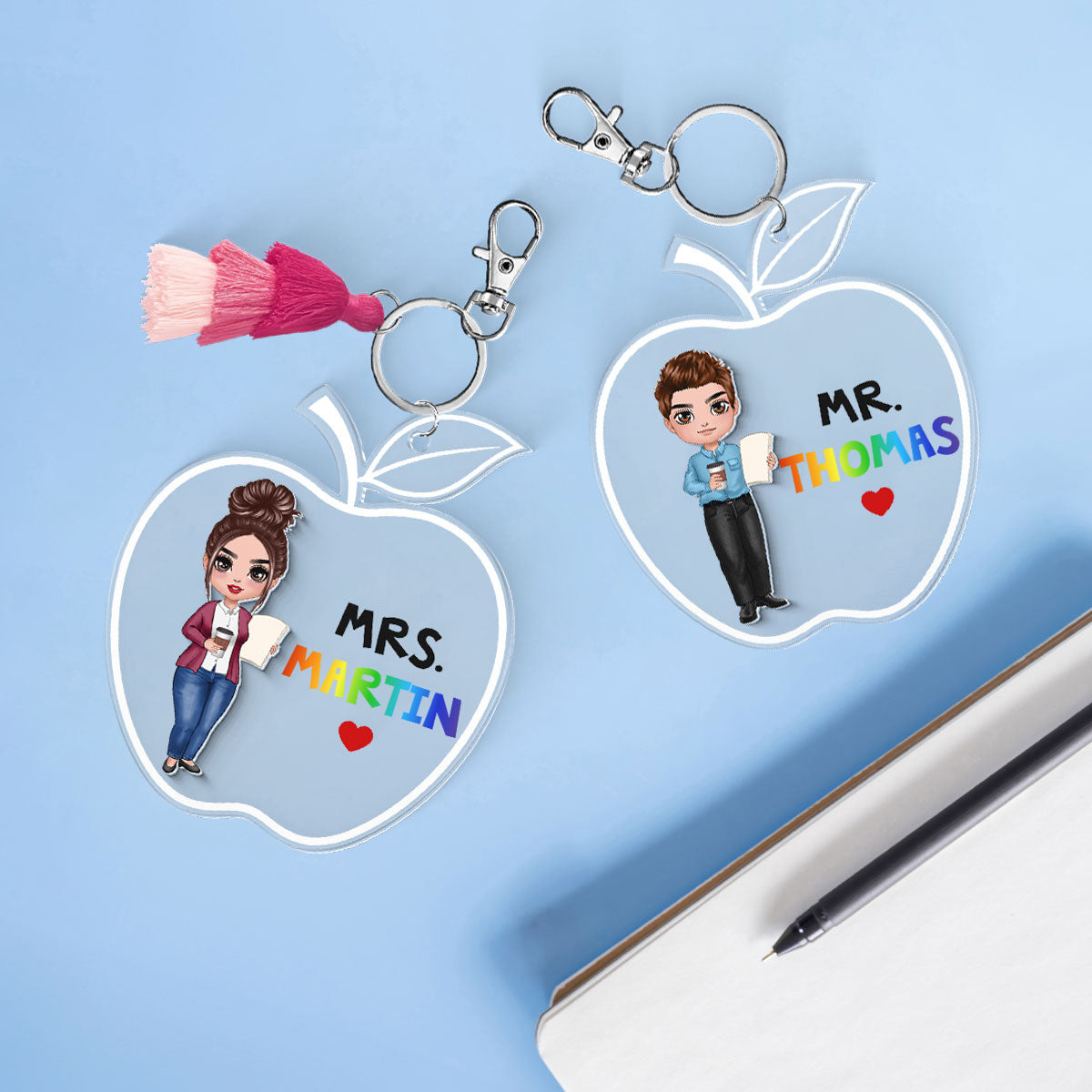 Doll Teacher Apple Shaped Personalized 2-Layer Acrylic Keychain