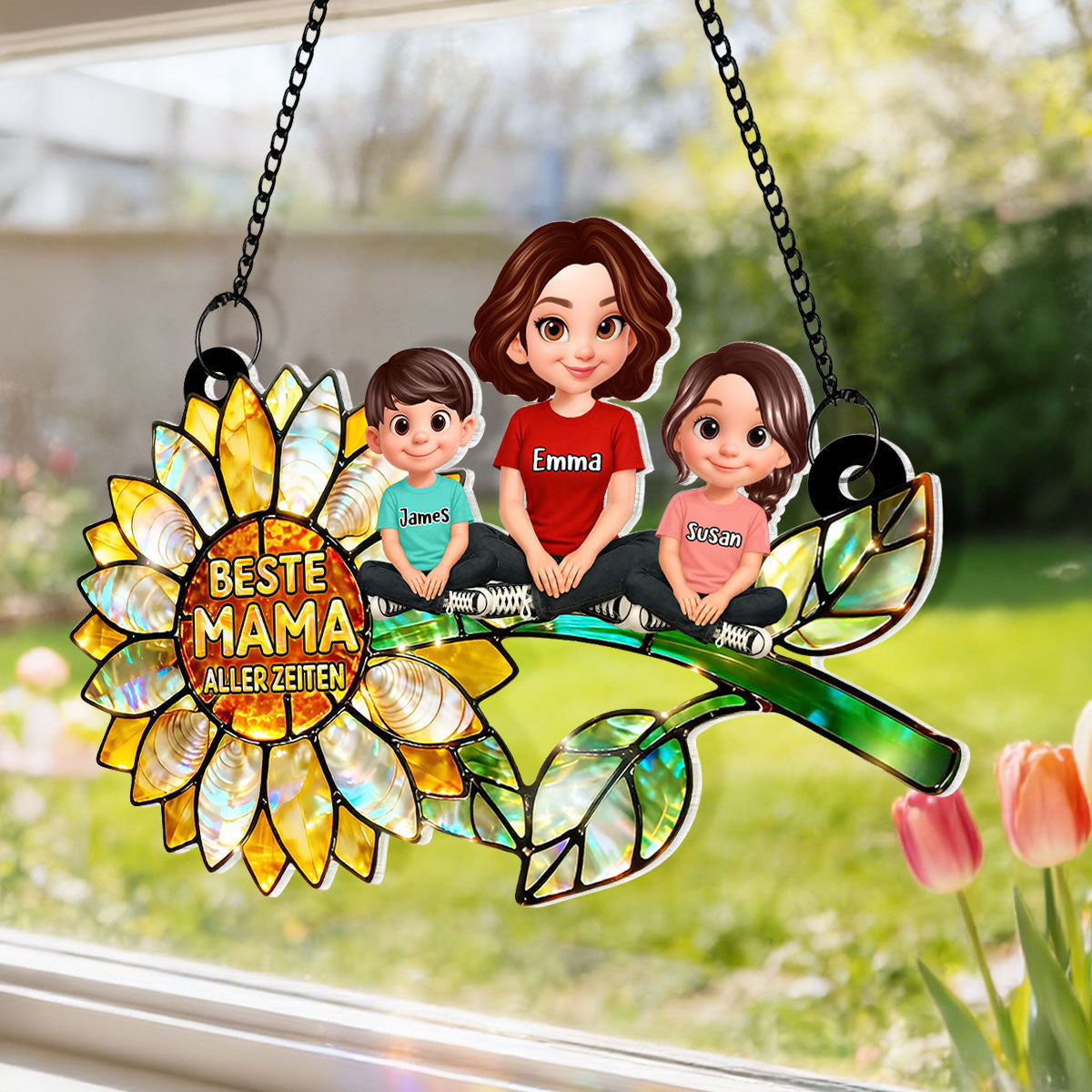 Sonnenblumen-Mama mit Kindern – Personalisierter Suncatcher frs Fenster – Liebevolles Muttertagsgeschenk fr Mama oder Ehefrau