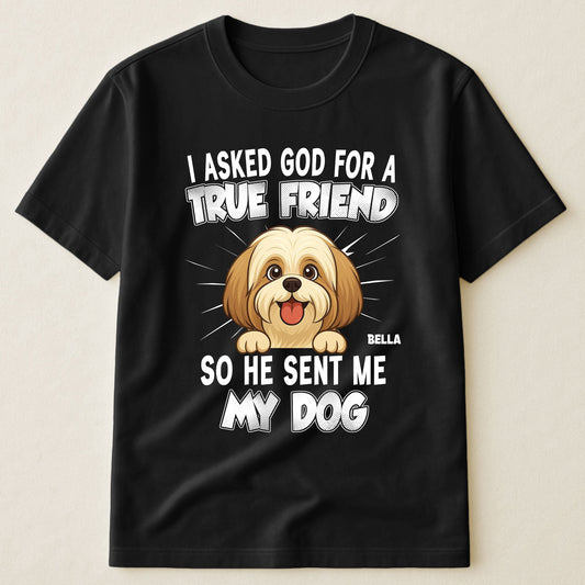 I Asked God For A True Friend So He Sent Me My Dog - Personalized Shirt