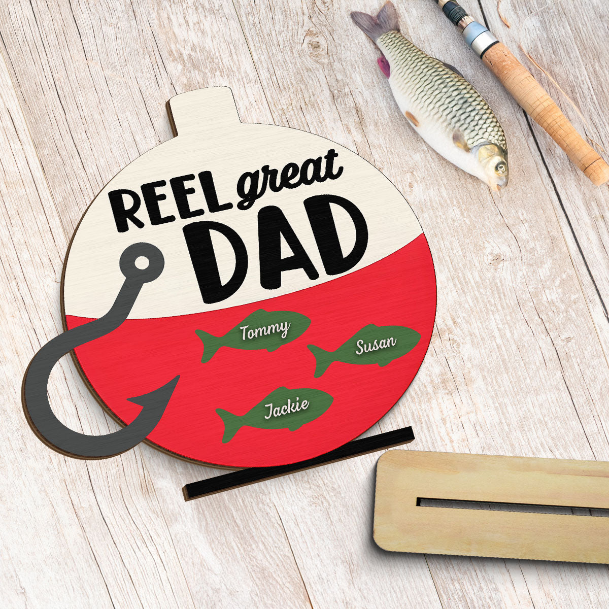 Reel Great Dad Grandpa Personalizd 2-Layer Standing Wooden Plaque,  gift for Fishing Dad Grandpa