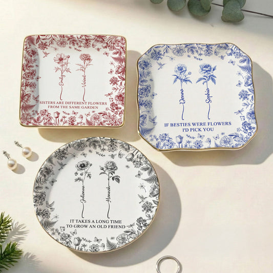 If Besties Were Flowers I'd Pick You - Toile De Jouy Birth Flowers - Personalized Jewelry Dish