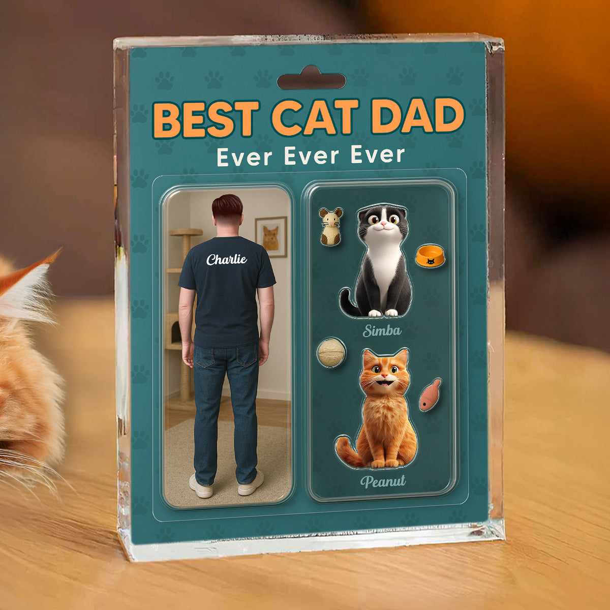 Cat Dad Realistic Figures Style Personalized Acrylic Block Plaque,  Gift for Cat Lover