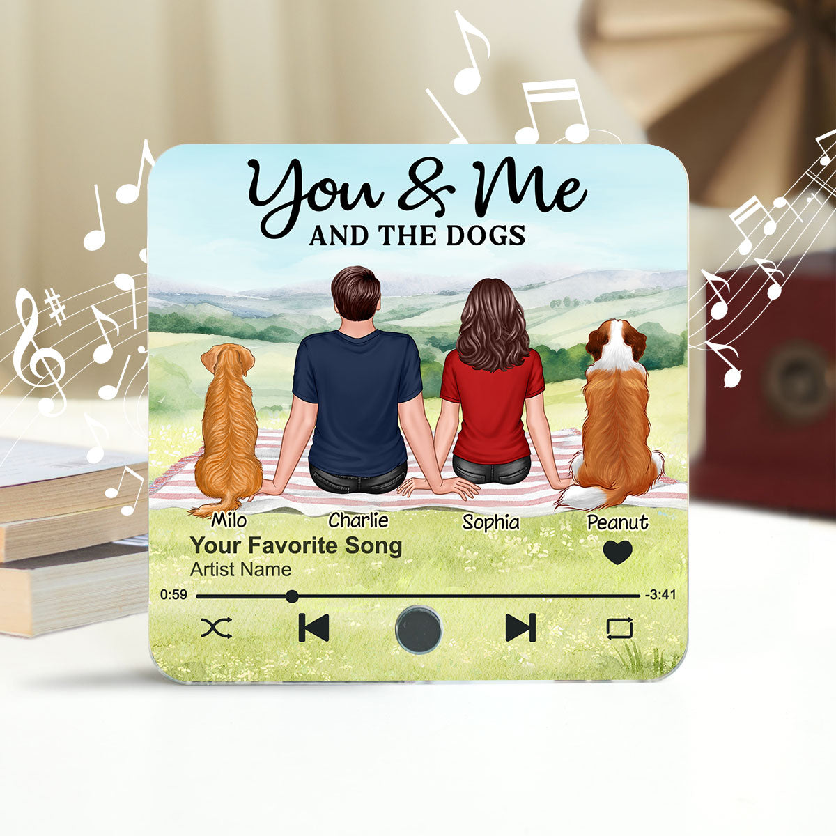 Couple & Dog Picnic In Park Personalized Music Fridge Magnet, Gift For Him, For Her