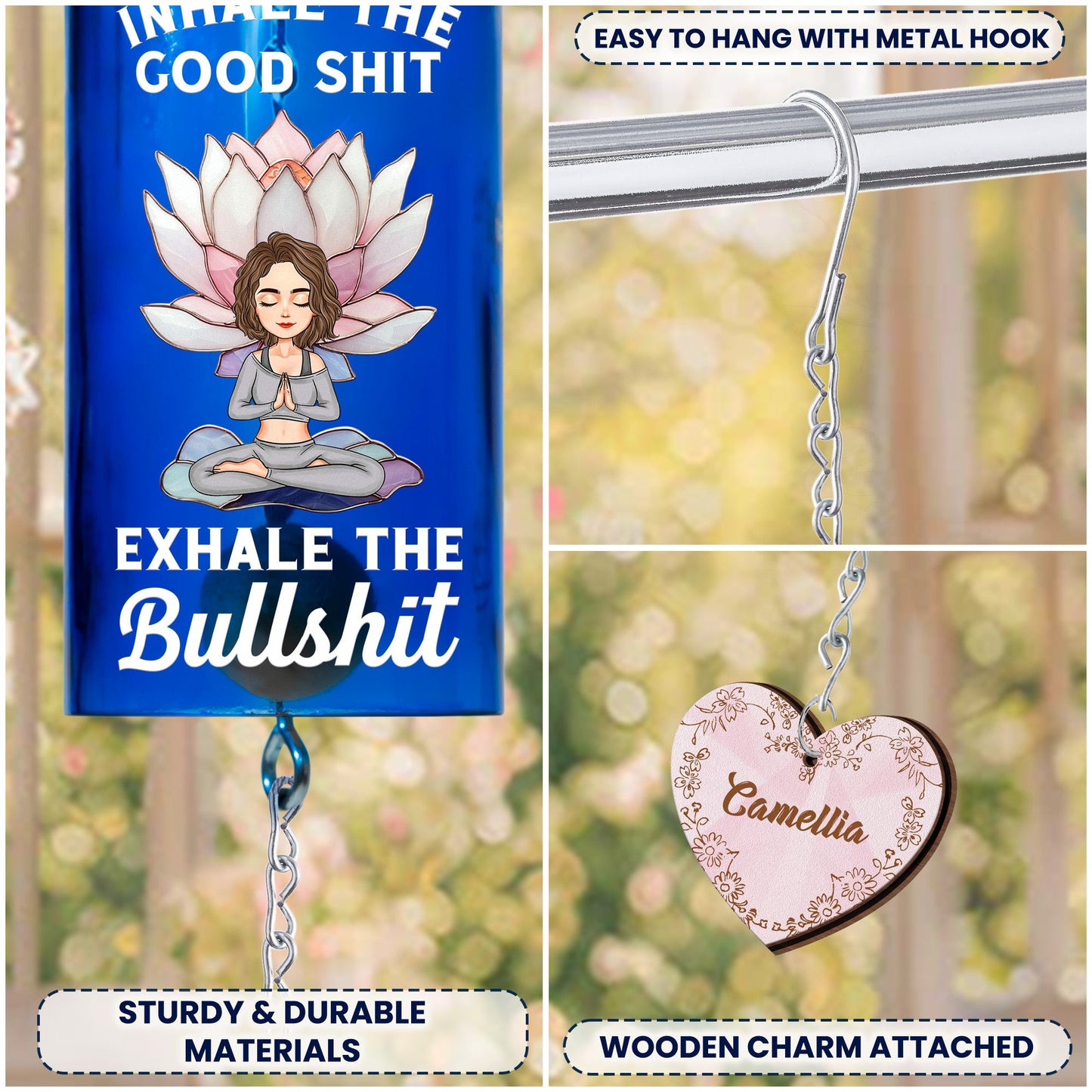 Inhale The Good Sh!t Exhale The Bullsh!t Lotus - Personalized Wine Bottle Wind Chime