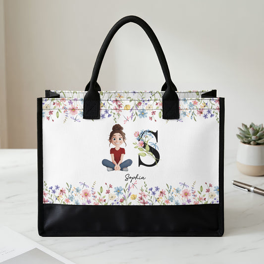 Initial Name With Floral - Personalized Tote Bag