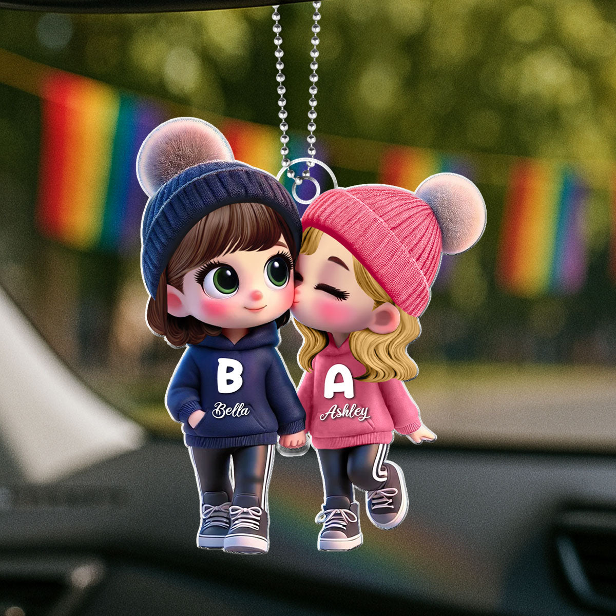 3D Effect Cute LGBTQ Cartoon Couple Summer Vibe Personalized Acrylic Car Ornament, Pride Month Gift