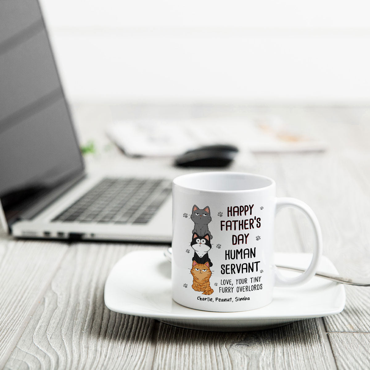 Happy Father‘s Day Human Servant Stacked Cats Funny Gift For Cat Lover Personalized Mug
