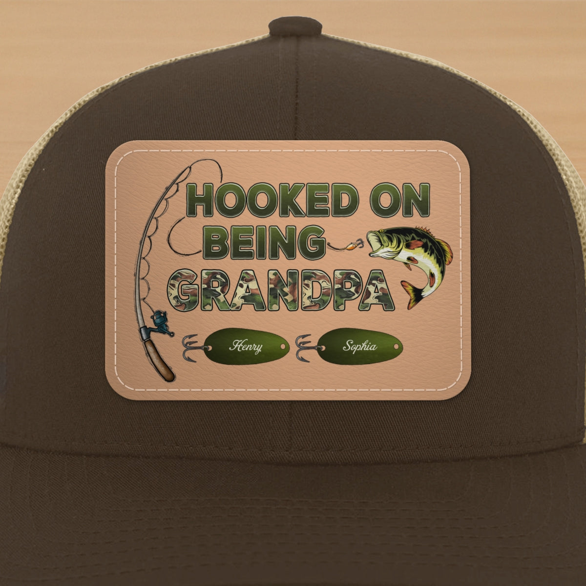 Hooked On Being Grandpa Papa Fishing Camouflage Personalized Leather Patch Hat, Father's Day gift