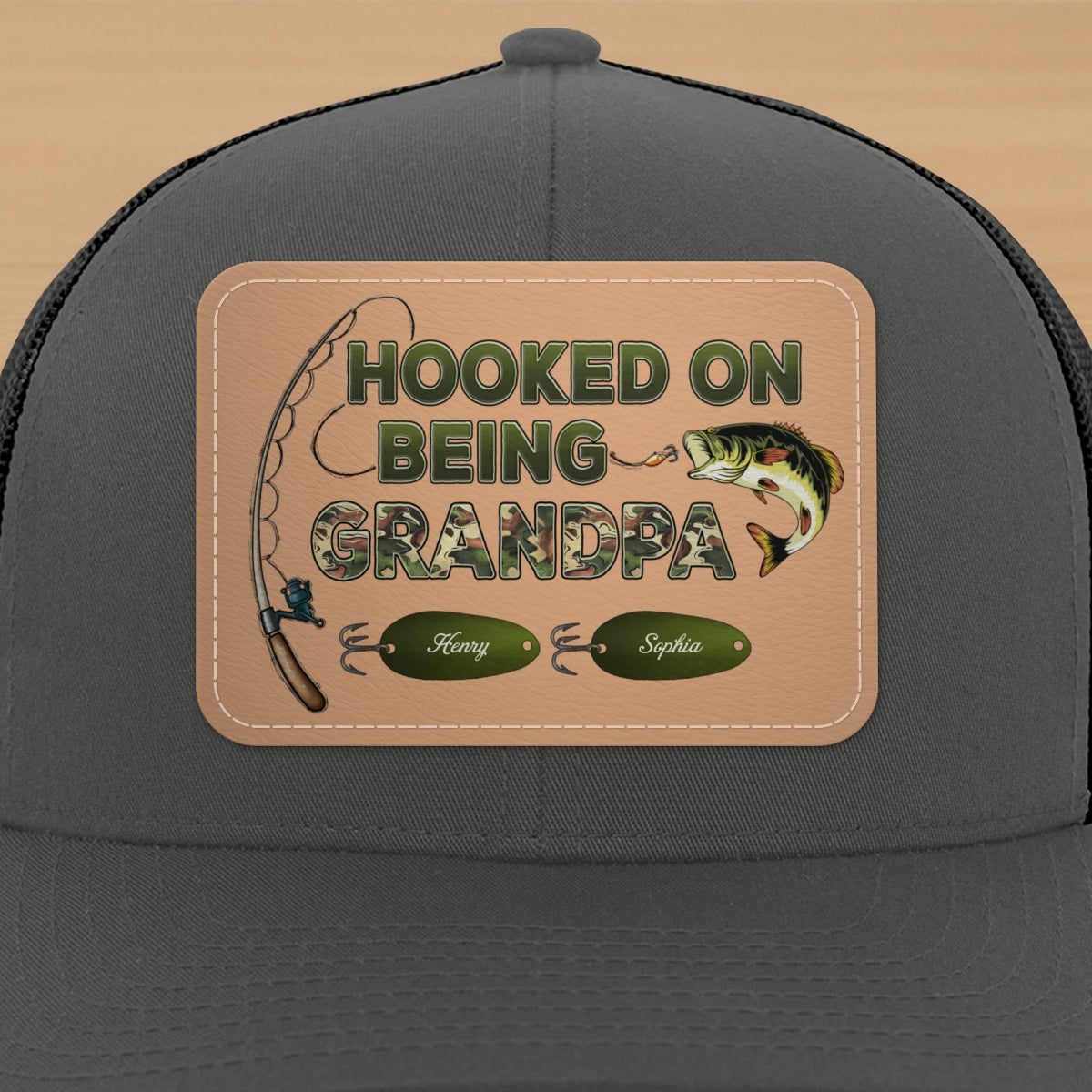 Hooked On Being Grandpa Papa Fishing Camouflage Personalized Leather Patch Hat, Father's Day gift