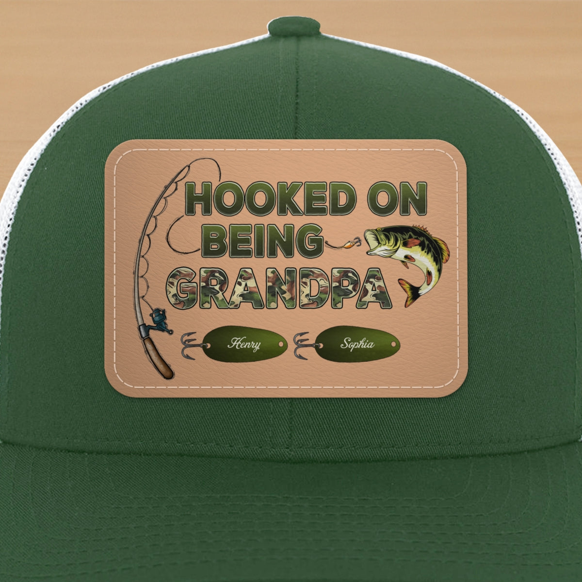 Hooked On Being Grandpa Papa Fishing Camouflage Personalized Leather Patch Hat, Father's Day gift