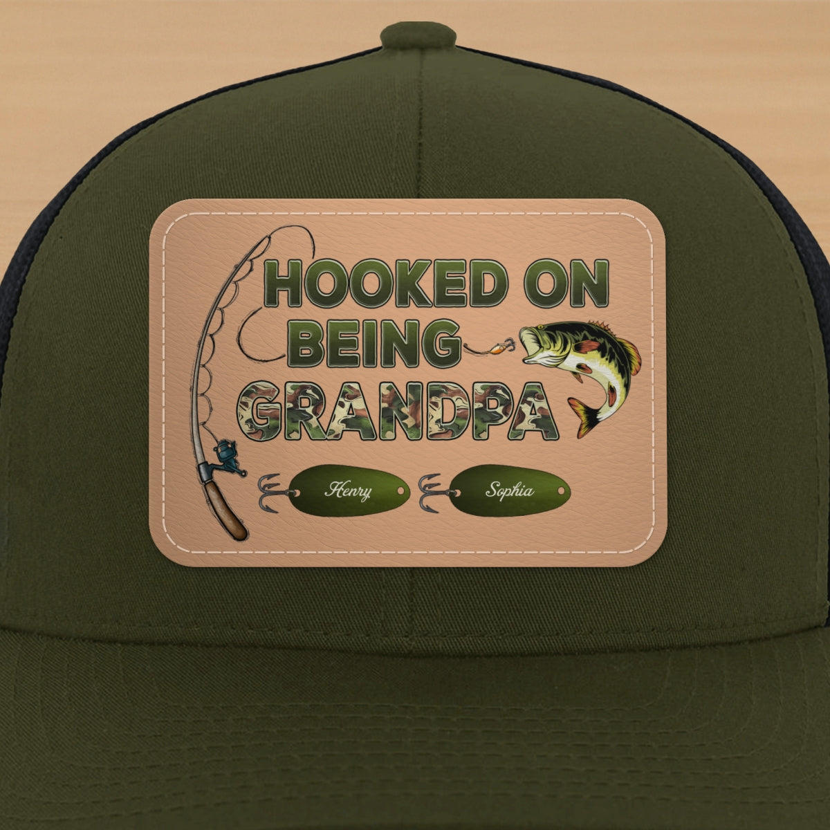 Hooked On Being Grandpa Papa Fishing Camouflage Personalized Leather Patch Hat, Father's Day gift