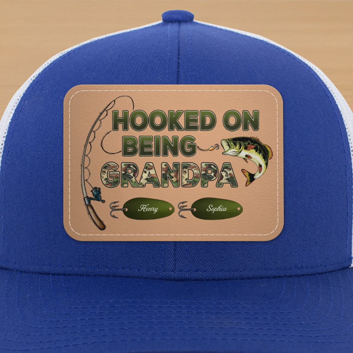 Hooked On Being Grandpa Papa Fishing Camouflage Personalized Leather Patch Hat, Father's Day gift