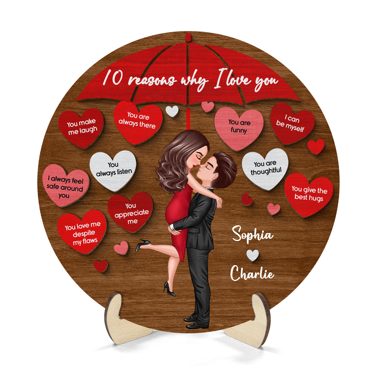 Reasons I Love You Couple Kissing Under Umbrella Personalized 2-layer Wooden Plaque
