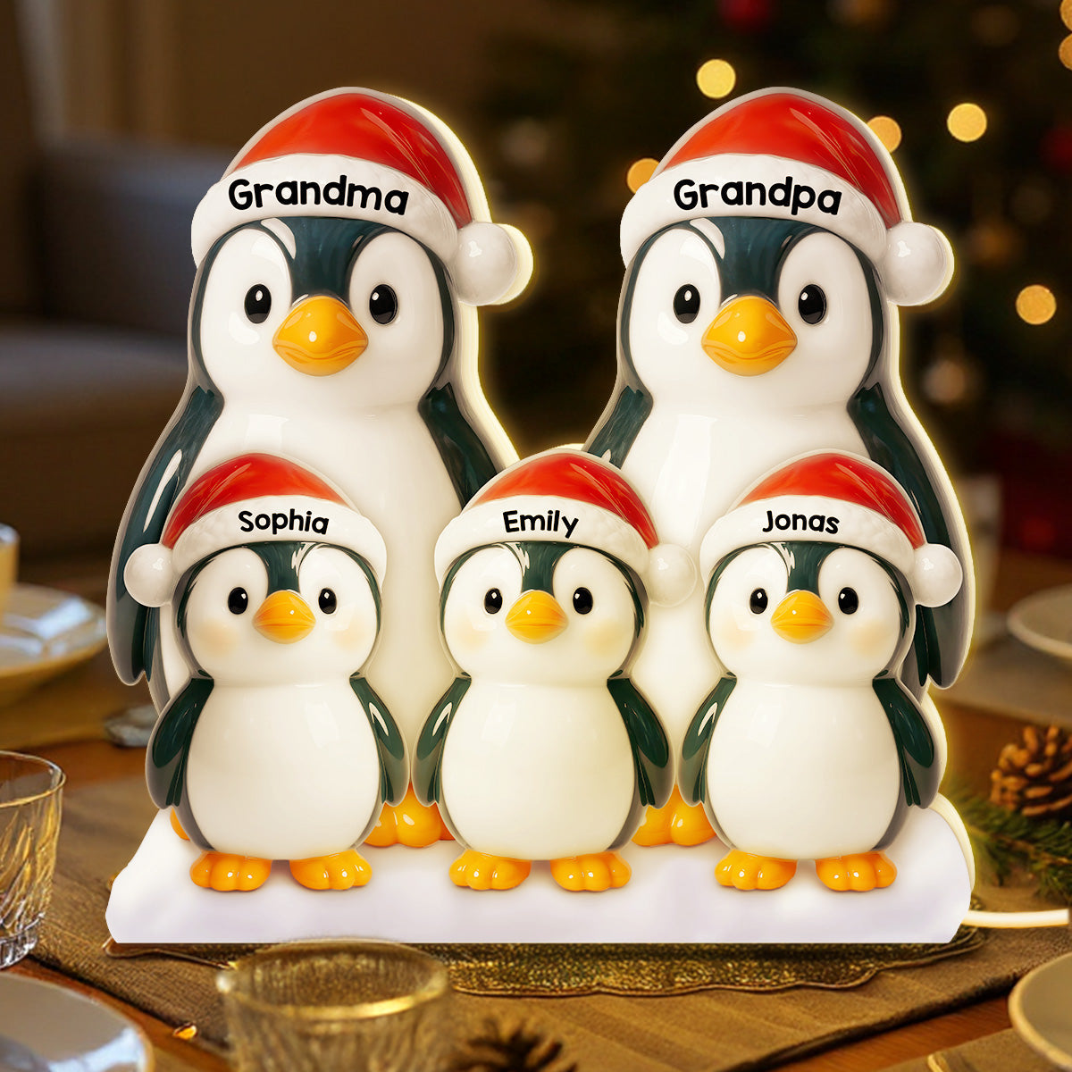 3D Effect Cute Christmas Penguins Grandparents Family - Personalized Light Box - Christmas Decor