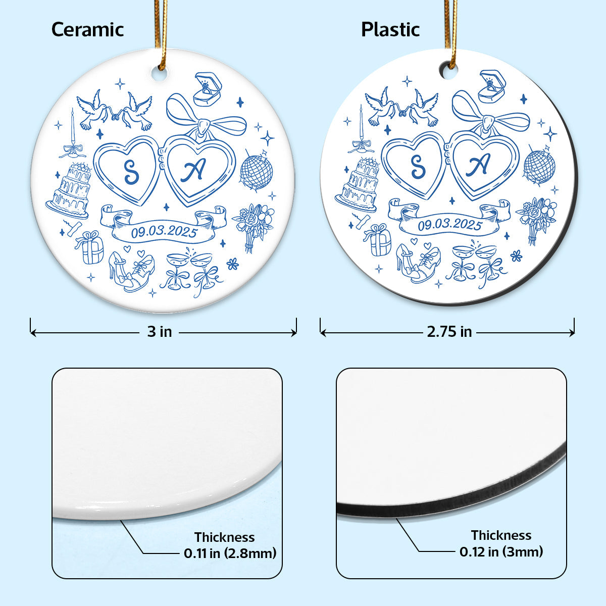 Couple Initials Locket Coquette Doodle Personalized Ceramic Ornament, First Christmas Gift, Married, Engagement Gift for Couples