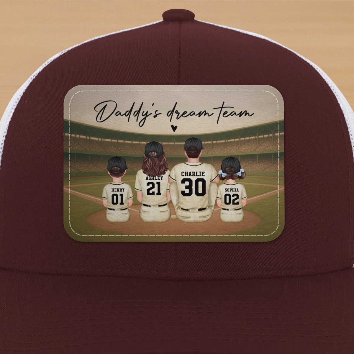 Retro Vintage Baseball Daddy's Dream Team Personalized Leather Patch Hat, Gift For Dad