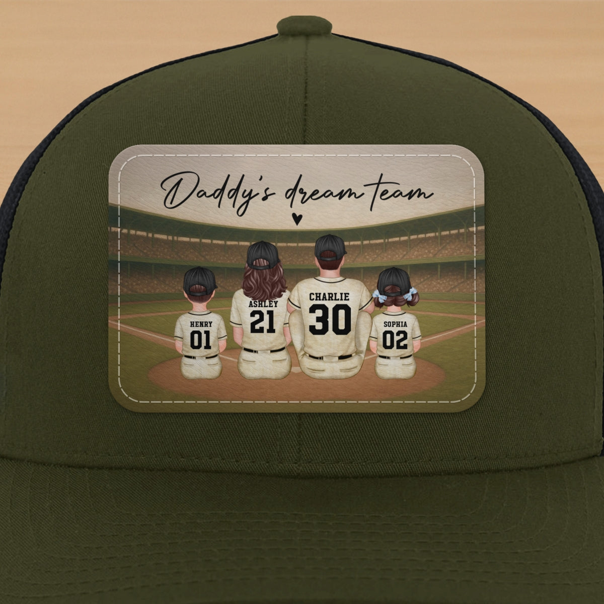 Retro Vintage Baseball Daddy's Dream Team Personalized Leather Patch Hat, Gift For Dad