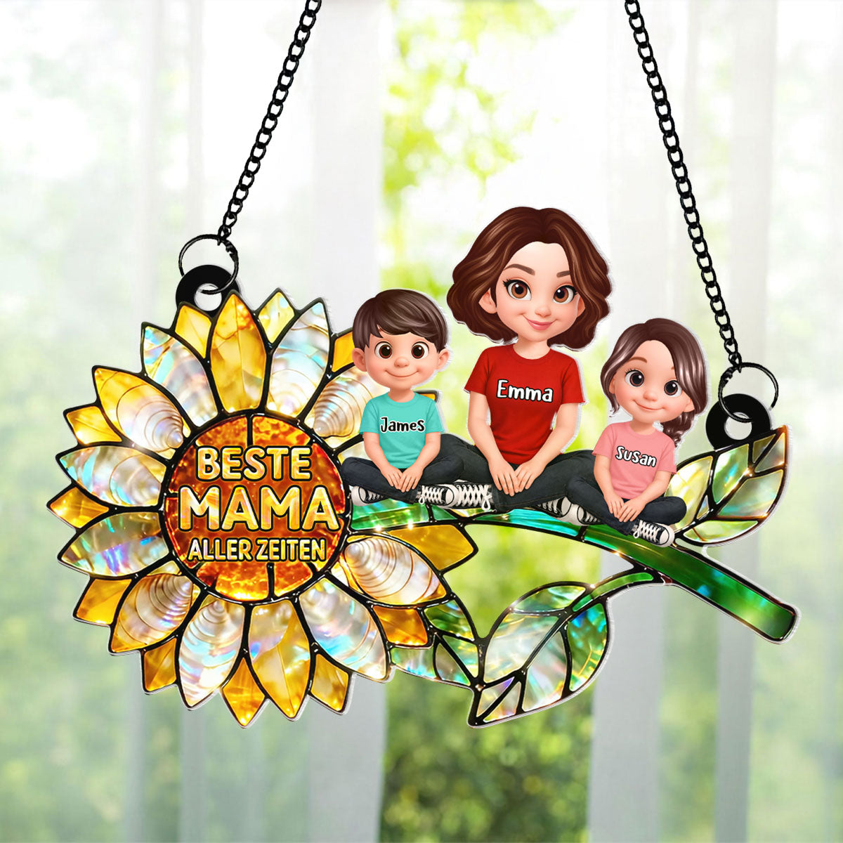 Sonnenblumen-Mama mit Kindern – Personalisierter Suncatcher frs Fenster – Liebevolles Muttertagsgeschenk fr Mama oder Ehefrau