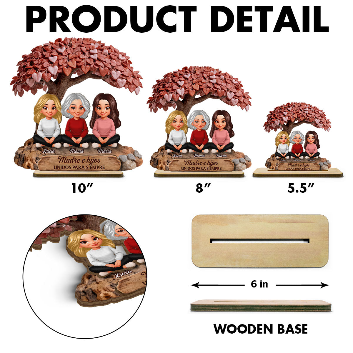 Mam y Hija Hijo Bajo el rbol del Corazn - Placa de Madera Personalizada de 2 Capas - Regalo para Mam