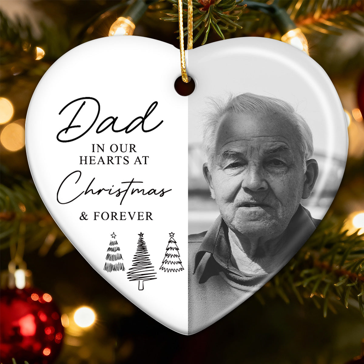 In Our Hearts At Christmas & Forever Custom Photo - Personalized Ceramic Ornament - Remembrance Keepsake, Memorial Gift