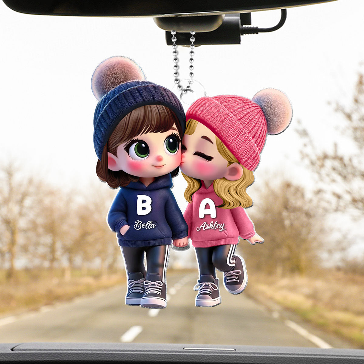 Personalized 3D Cartoon Lesbian Couple Car Ornament – Cute Acrylic Gift for Pride Month