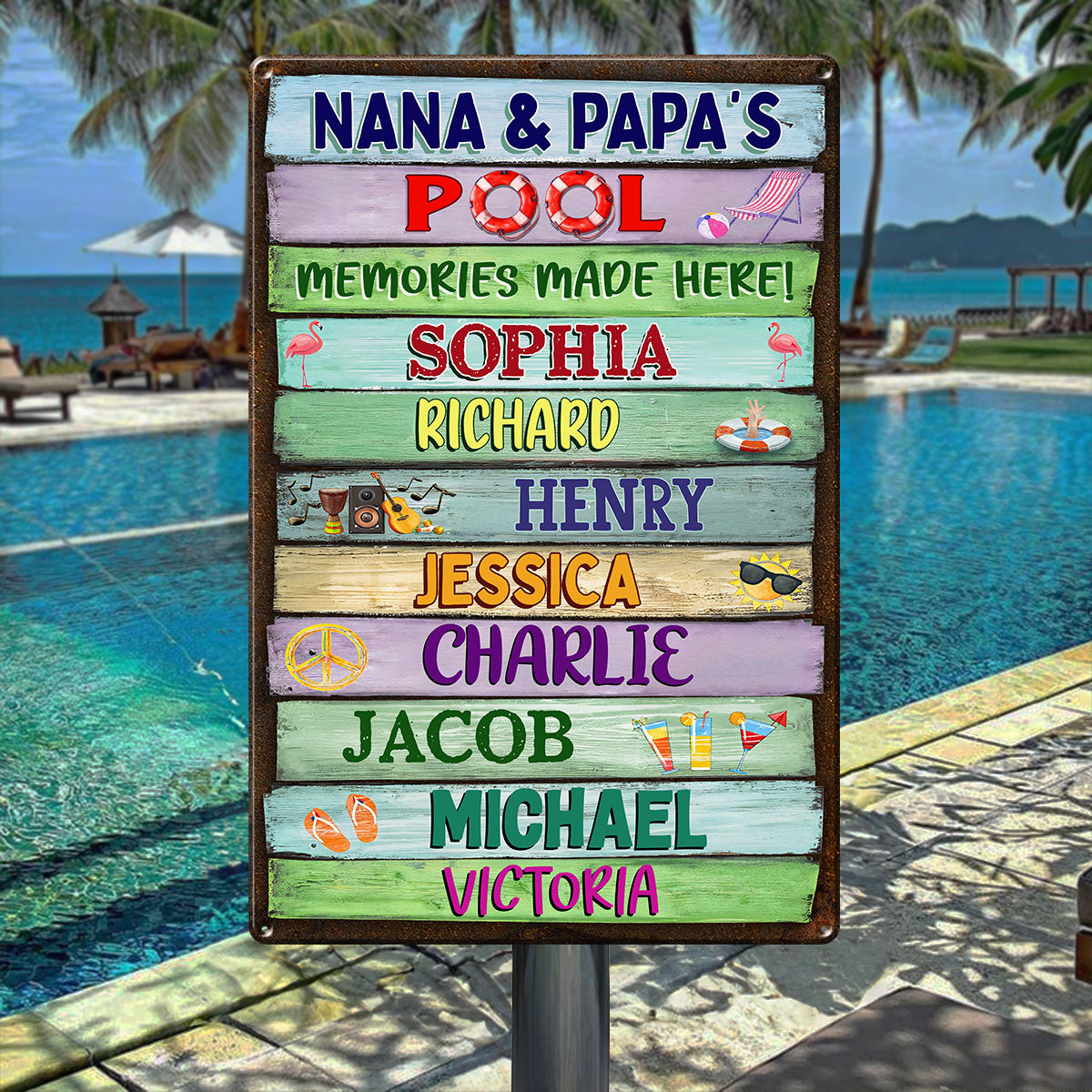 Grandma Grandpa Pool Colorful Wood Palletes Personalized Metal Sign