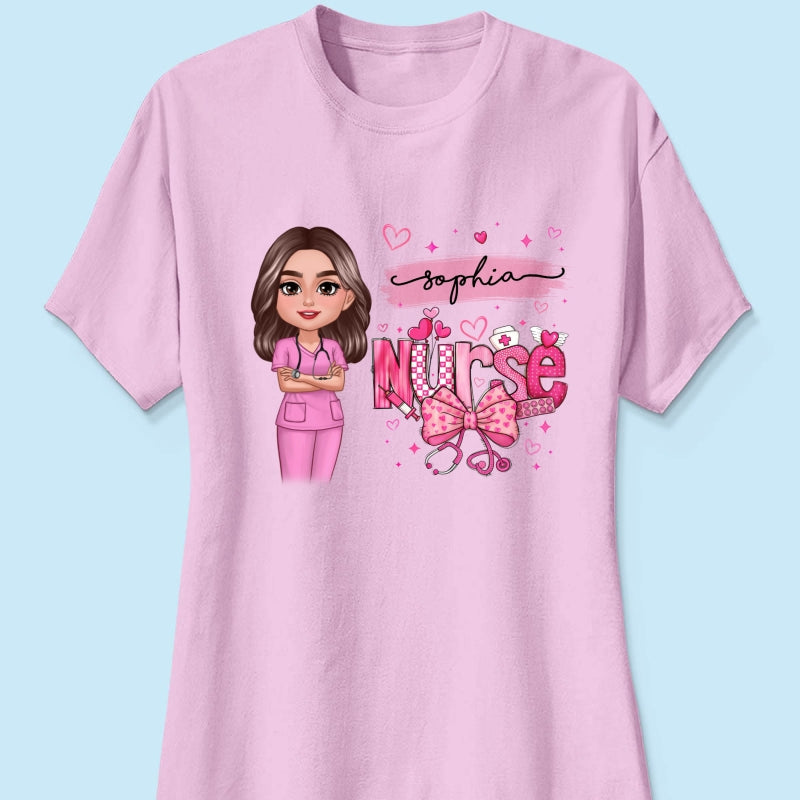 Nurse Pink Coquette Bow Personalized Shirt, Birthday  Gift For Nurse Wife Girlfriend Bestie