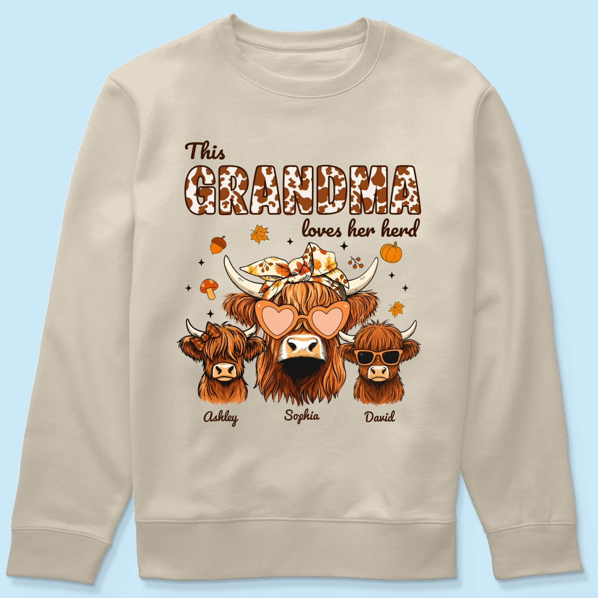 Fall Highland Cow Mom Grandma Personalized Sweatshirt, Cozy Fall Vibe Sweatshirt