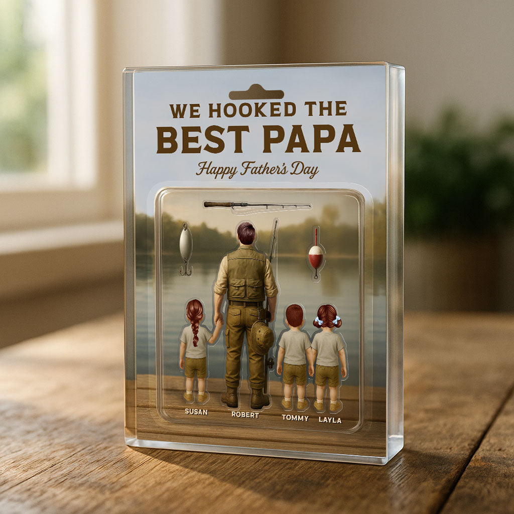 Dad And Kids Fishing Together Custom Figure Personalized Acrylic Block Plaque,  Gift For Fishing Dad, For Grandpa, For Husband