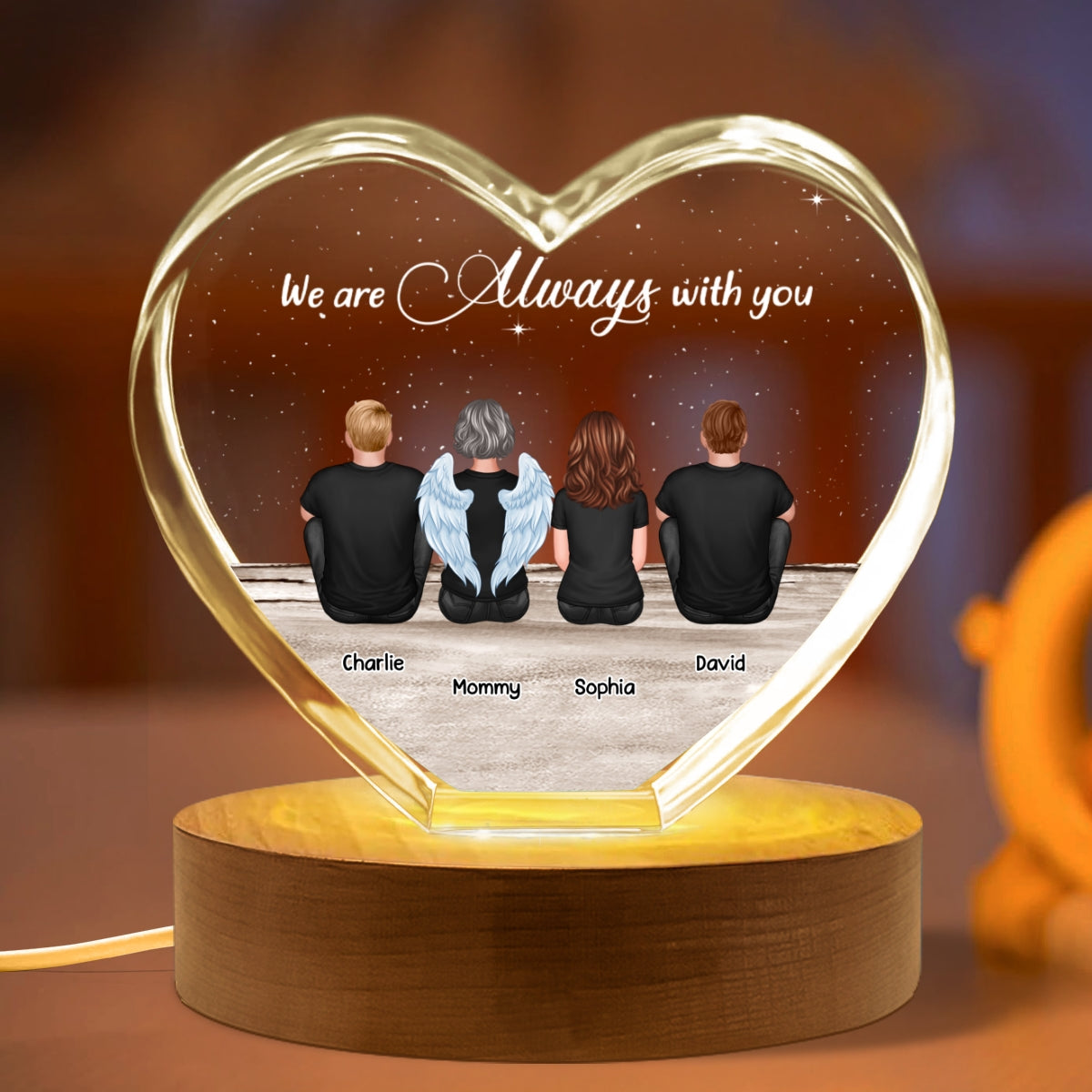 Always With You Sky Family Members, Memorial Personalized Premium Crystal Heart LED, Sympathy Gift