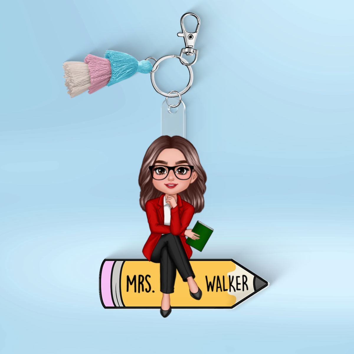 Teacher Sitting On Pencil Personalized 2-Layer Acrylic Keychain