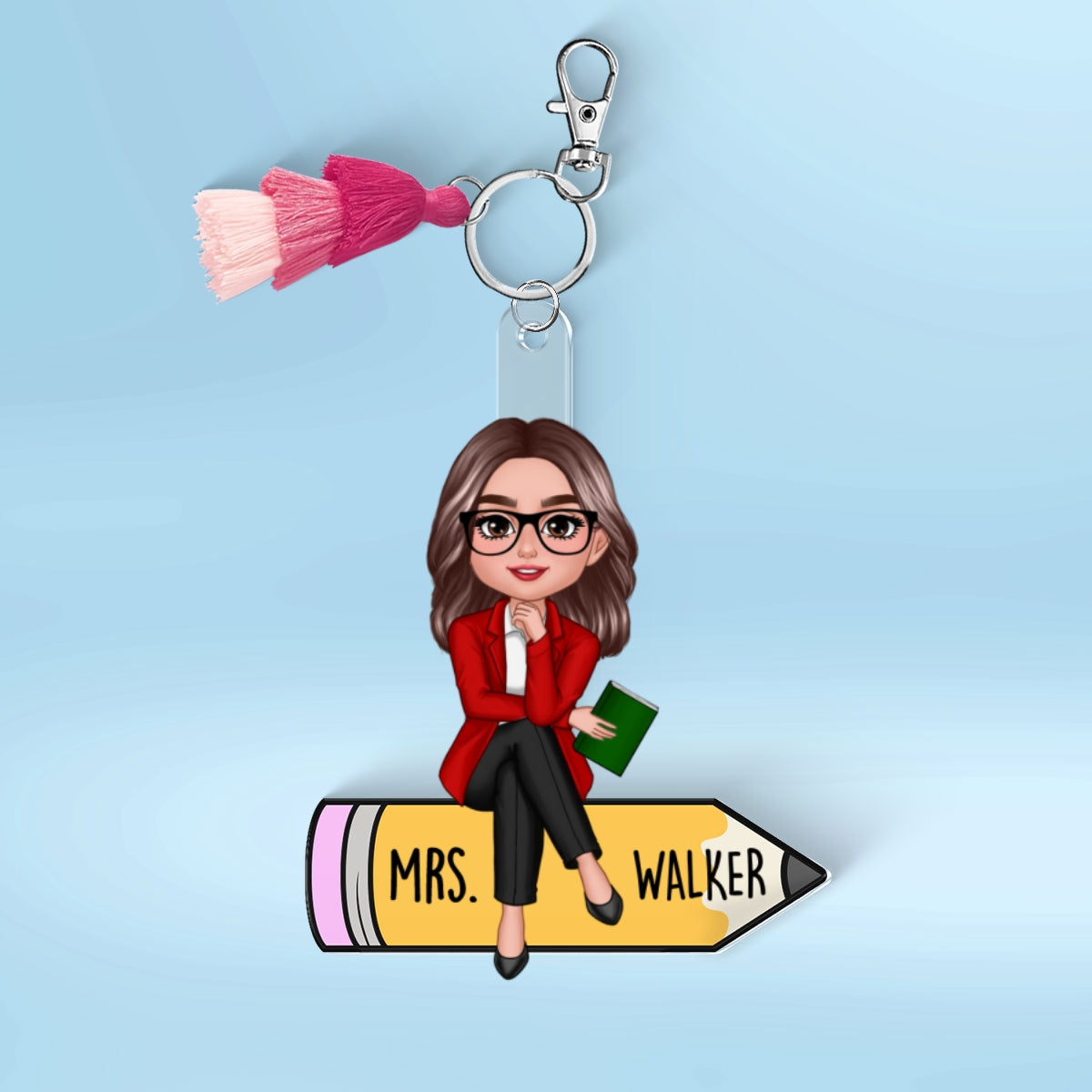 Teacher Sitting On Pencil Personalized 2-Layer Acrylic Keychain