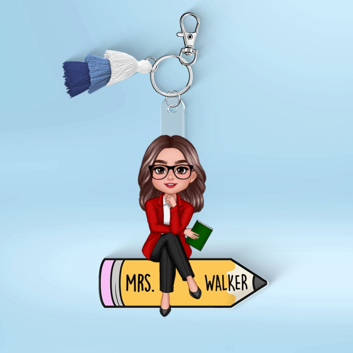 Teacher Sitting On Pencil Personalized 2-Layer Acrylic Keychain