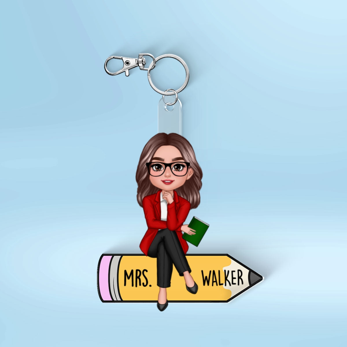 Teacher Sitting On Pencil Personalized 2-Layer Acrylic Keychain