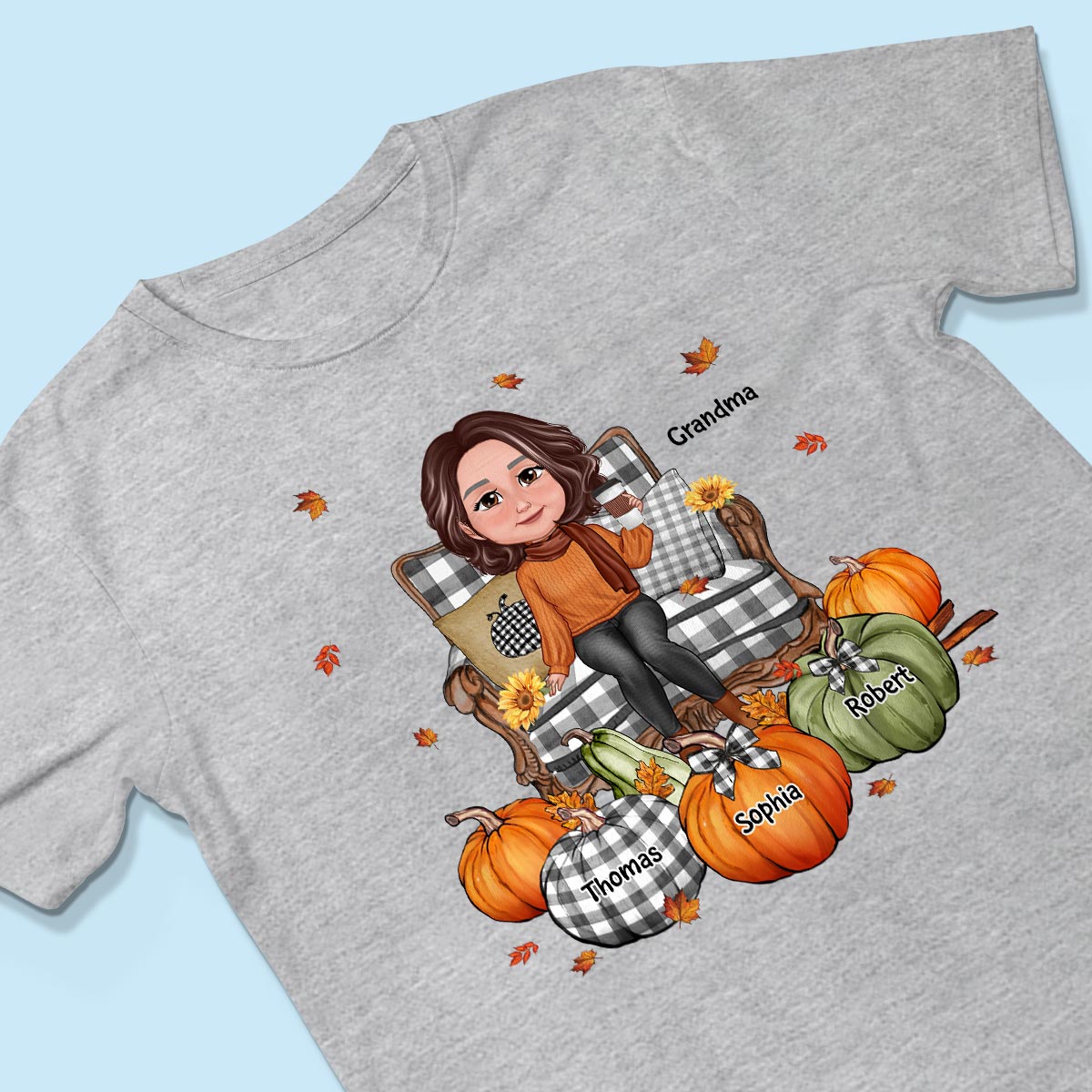Grandma Sitting On Chair Pumpkins - Personalized Shirt - Gift For Grandma