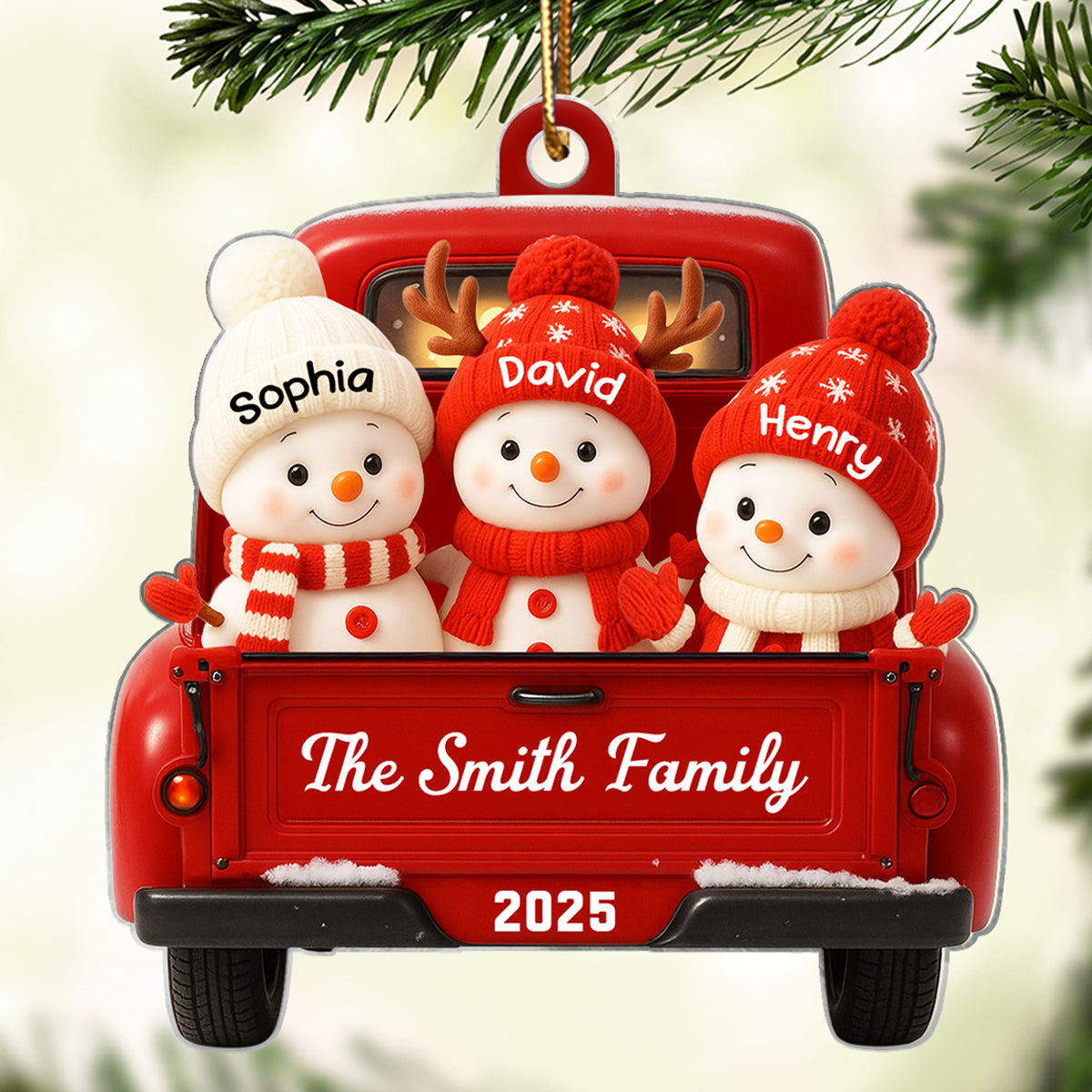 Family Snowman on Christmas Truck Personalized Acrylic Ornament, Red Truck Christmas Gift for Family