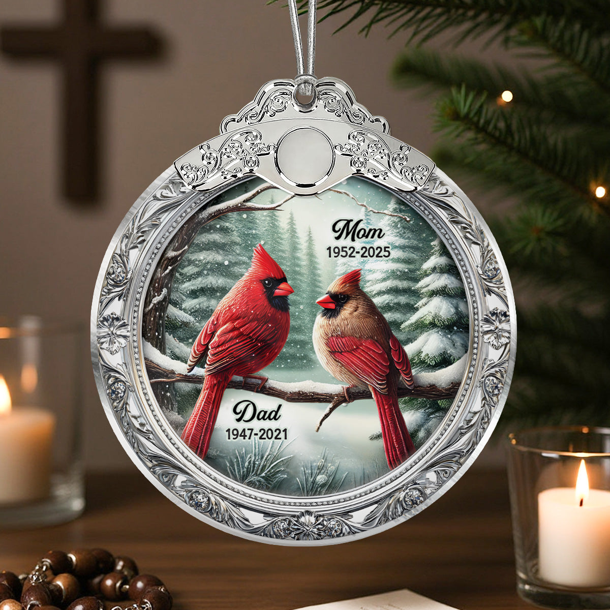 Winter Scene Memorial Cardinal 3D Effect - Personalized Glass Ornament With Silver Cap - Sympathy Gift Remembrance Keepsake