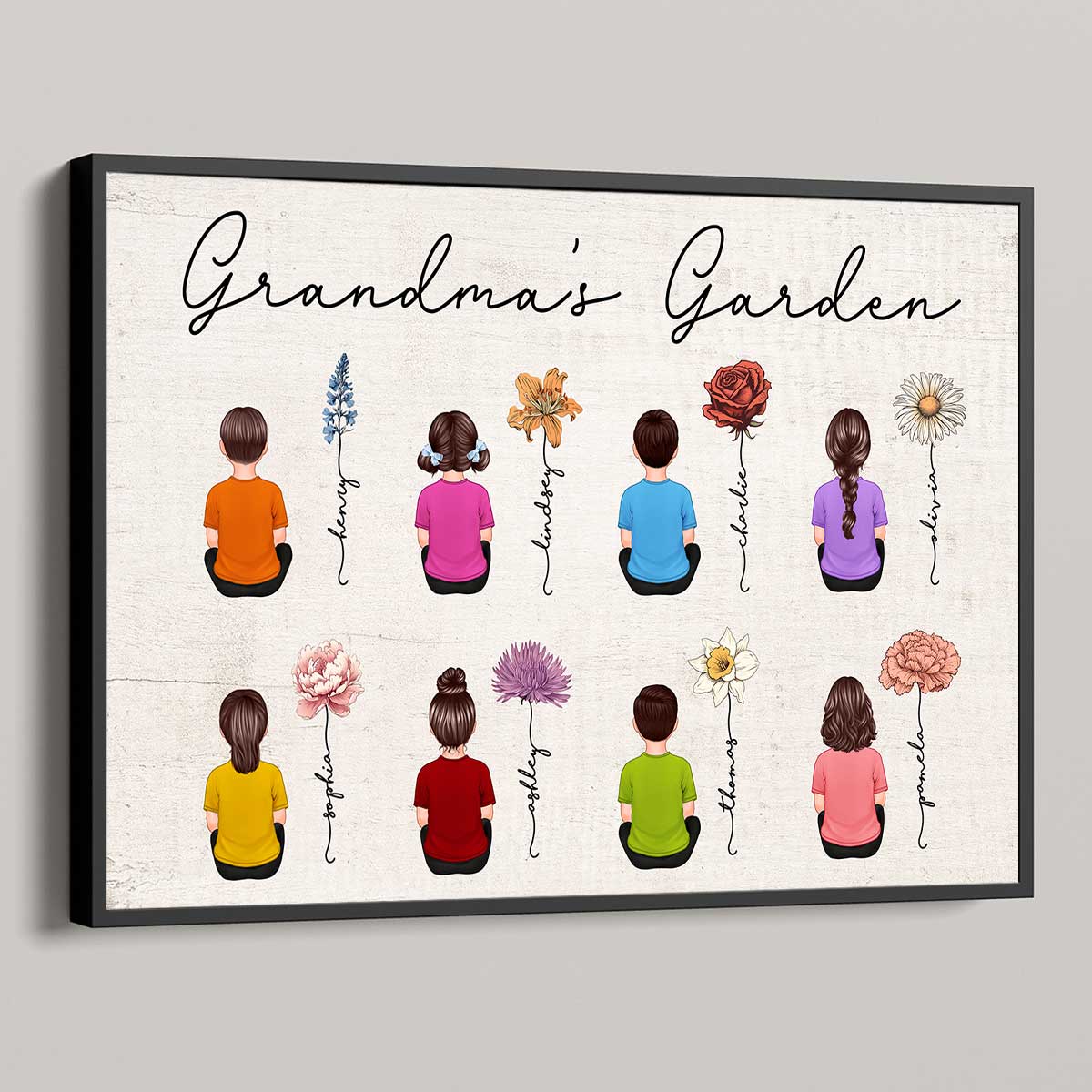 Vintage Birth Month Flowers Garden With Grandkids Names - Personalized Poster - Gift For Grandma, Mom, Auntie