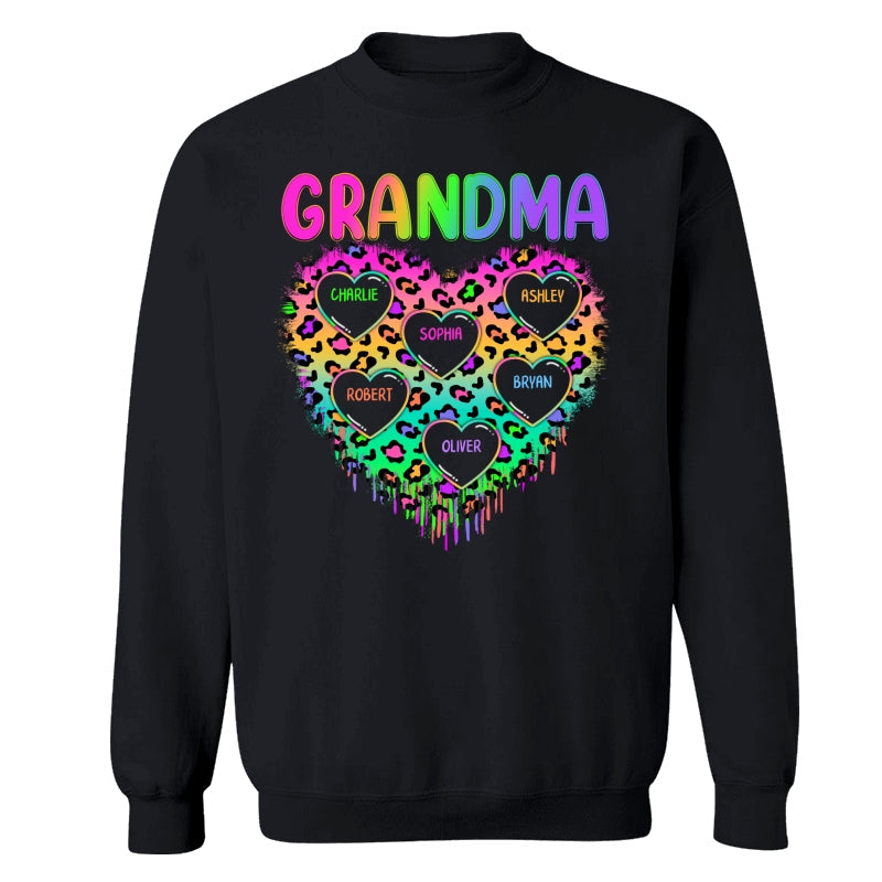 Neon Leopard Grandma Hearts In Hearts Grandkids Names Personalized Shirt