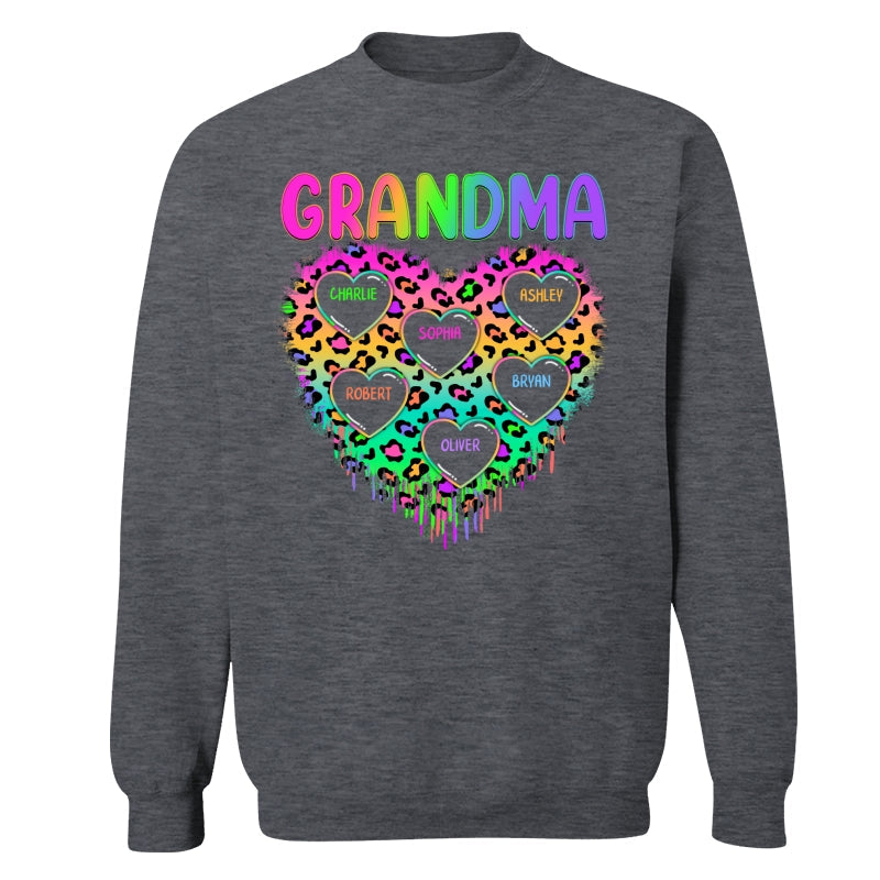 Neon Leopard Grandma Hearts In Hearts Grandkids Names Personalized Shirt