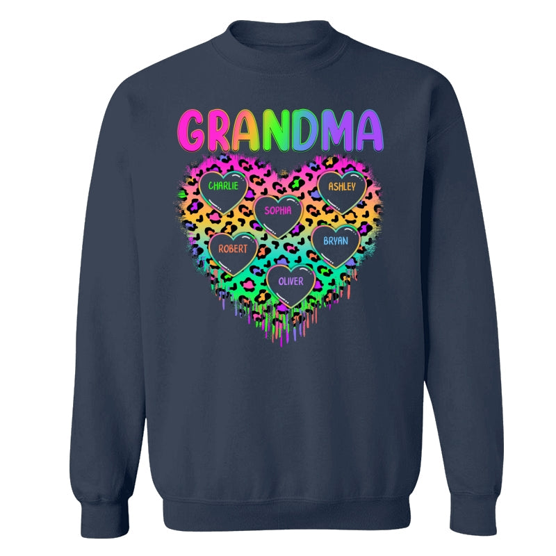 Neon Leopard Grandma Hearts In Hearts Grandkids Names Personalized Shirt