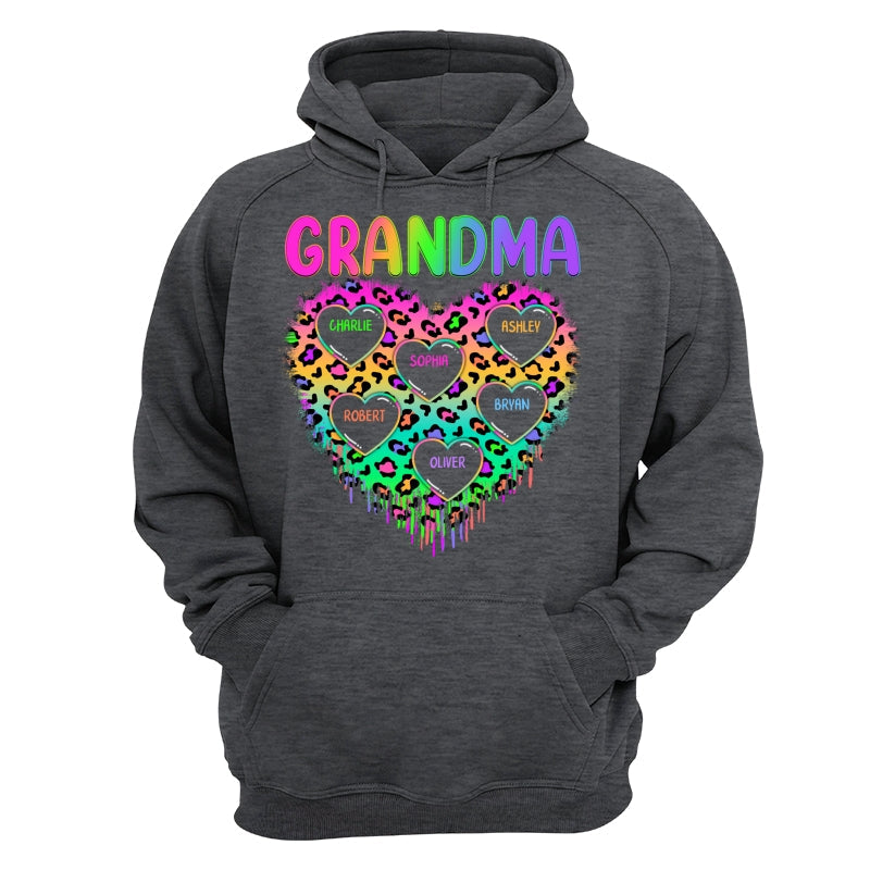 Neon Leopard Grandma Hearts In Hearts Grandkids Names Personalized Shirt