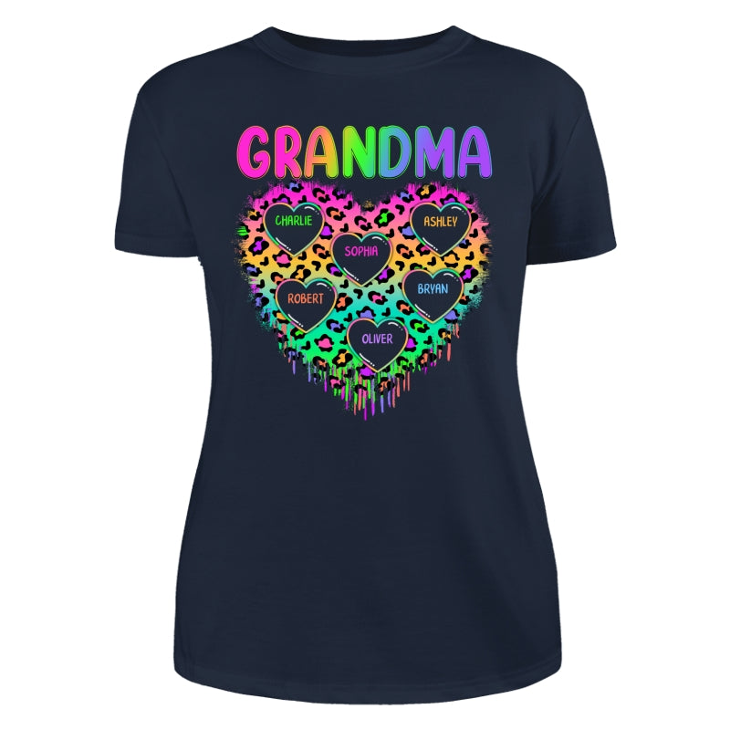 Neon Leopard Grandma Hearts In Hearts Grandkids Names Personalized Shirt