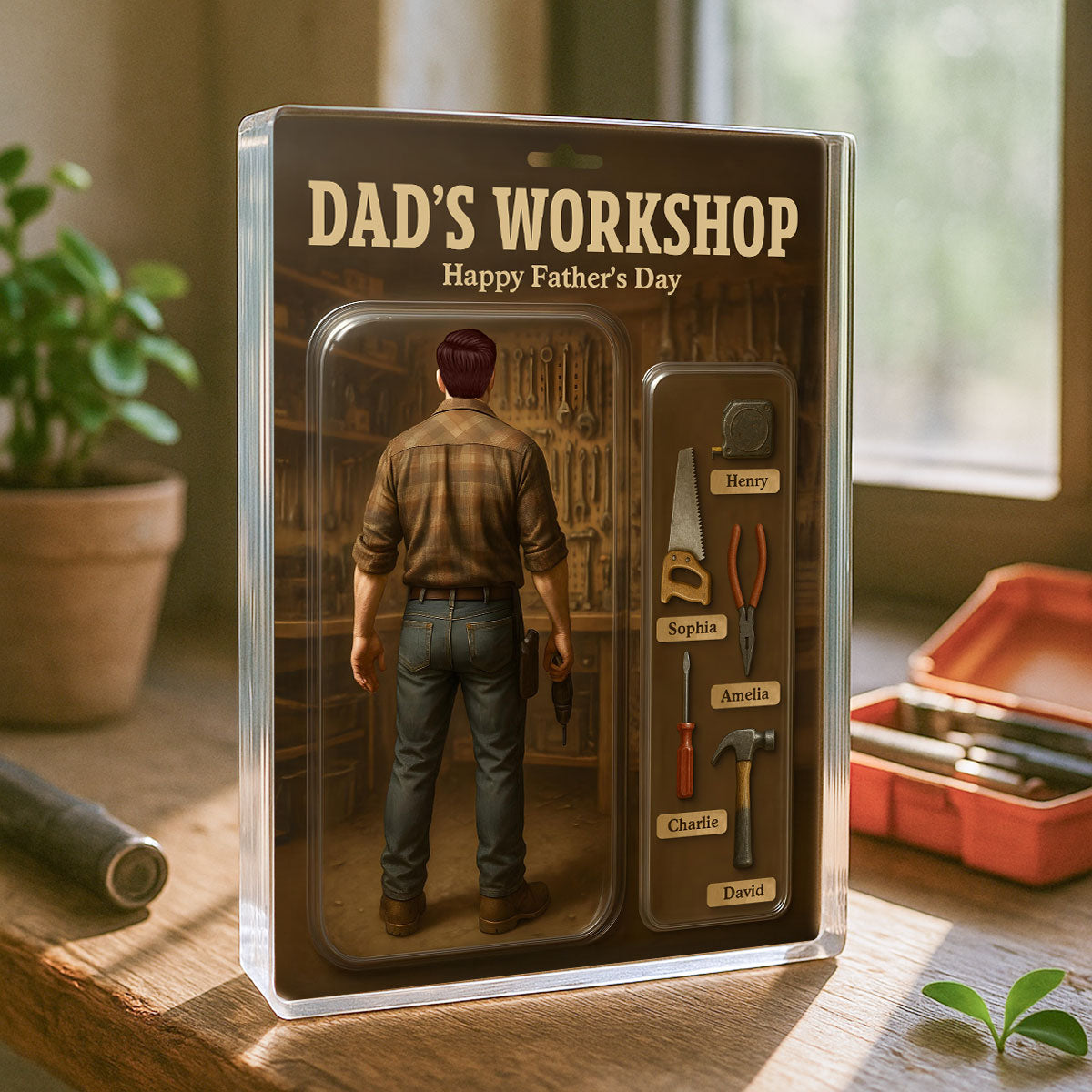 Dad's Workshop With Kids' Names Grandpa's Workshop Custom Figure Personalized Acrylic Block Plaque, Unique  Gift For Him, For Dad, For Grandpa