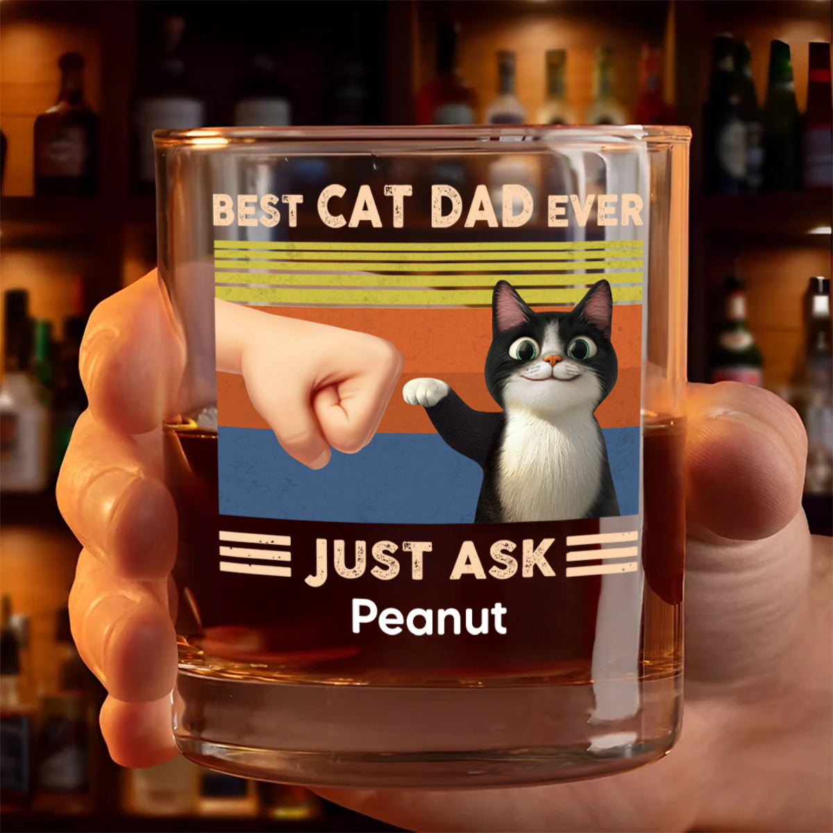 Best Cat Dad Cute Cartoon Cats Personalized Whiskey Glass, Father's Day Gift for Cat Dads