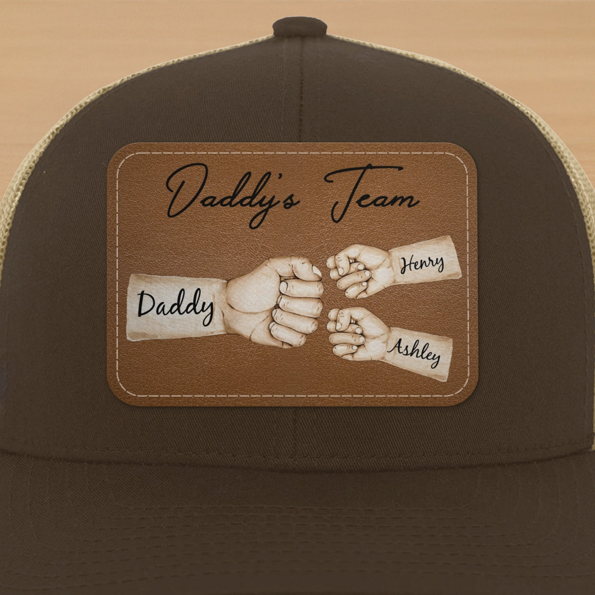 Daddy's Team Fist Bump Personalized Leather Patch Hat, Trucker Cap| Cool Father's Day Gift For Dad, Husband