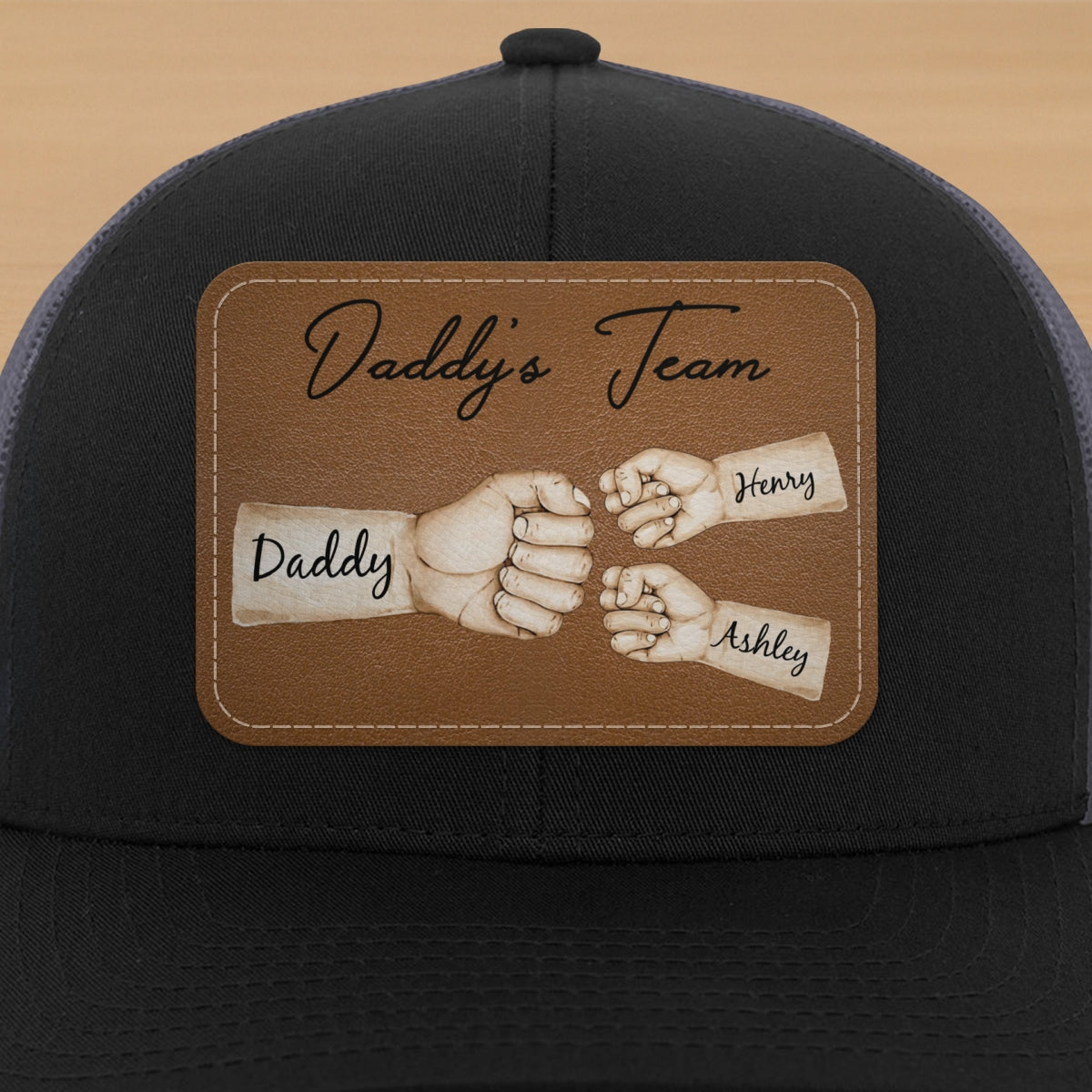 Daddy's Team Fist Bump Personalized Leather Patch Hat, Trucker Cap| Cool Father's Day Gift For Dad, Husband