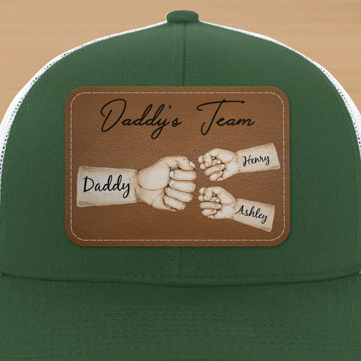 Daddy's Team Fist Bump Personalized Leather Patch Hat, Trucker Cap| Cool Father's Day Gift For Dad, Husband